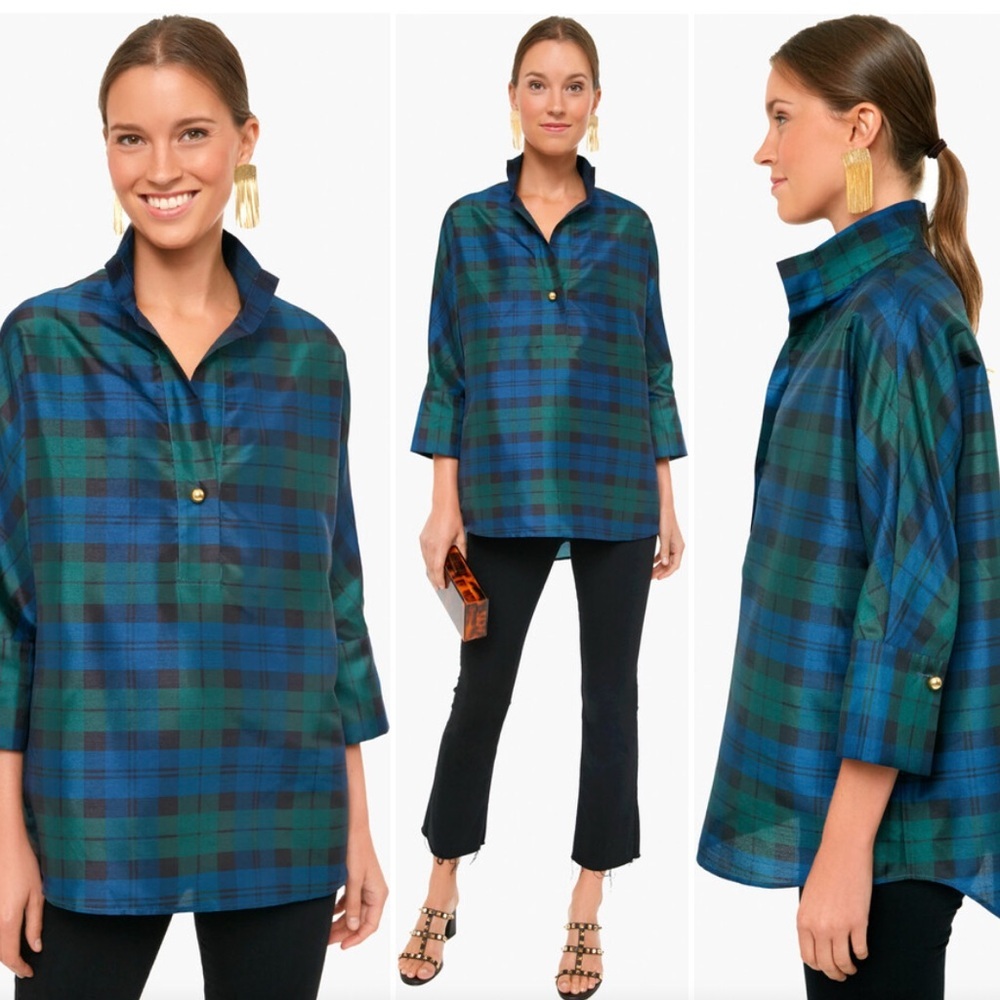 Tuckernuck Blackwatch French Cuff Celine Top blouse  size xxs Green black plaid